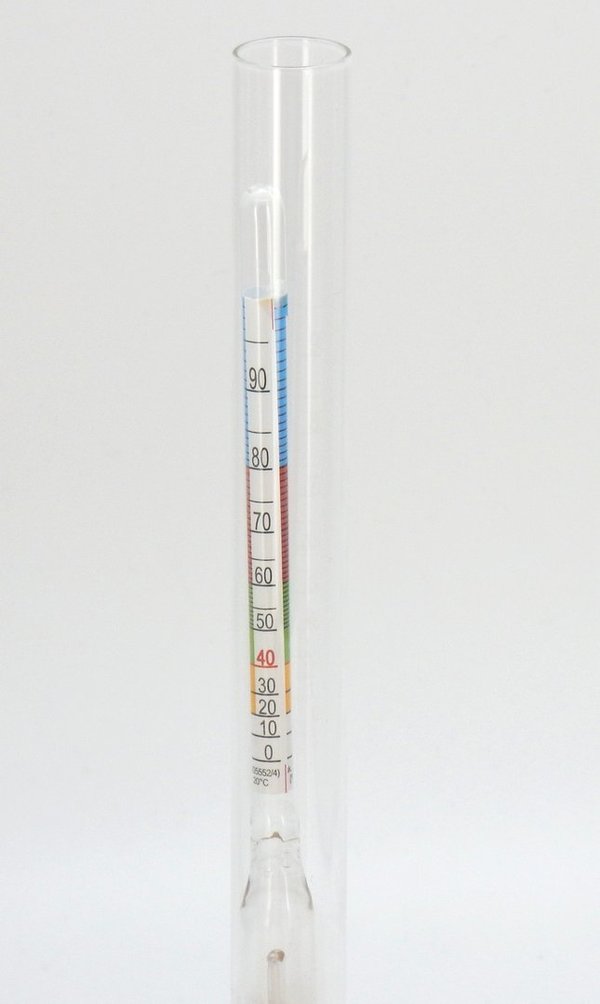 Alkoholmeter, Messzylinder, Alkoholmesser mit Thermometer 0-96%