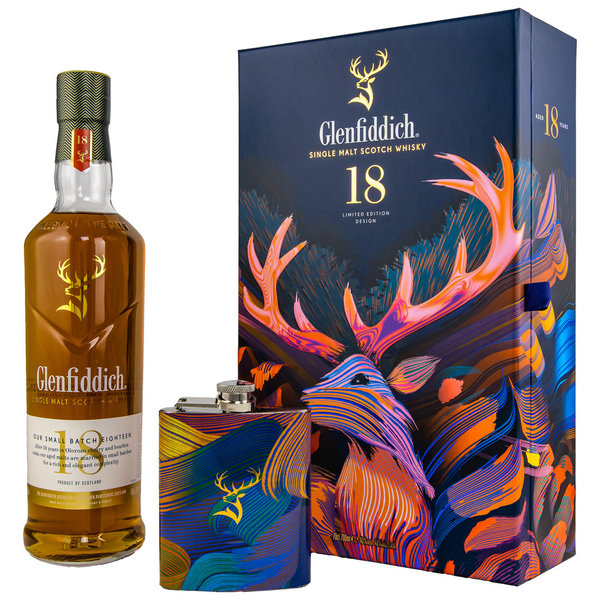 Glenfiddich 18 Jahre Our Small Batch Limited Design 40% + Geschenkbox mit Flachmann